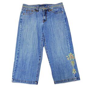 Jeansta Cropped Capri Embroidered Jeans Sz 12 VTG Retro Flower Power Light Wash